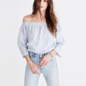 Madewell White & Blue Striped Off the Shoulder Top